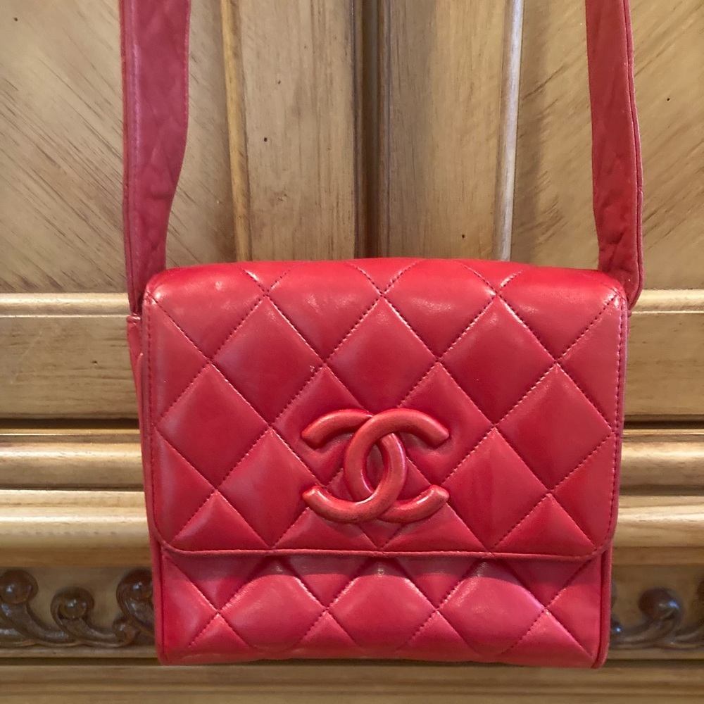 Chanel Vintage Red Covered CC  Quilted Lambskin Flap Bag